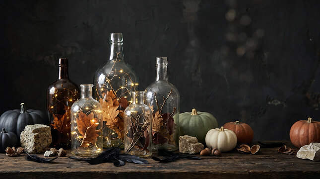 Halloween themed glass bottles with pumpkins and candles for spooky decor