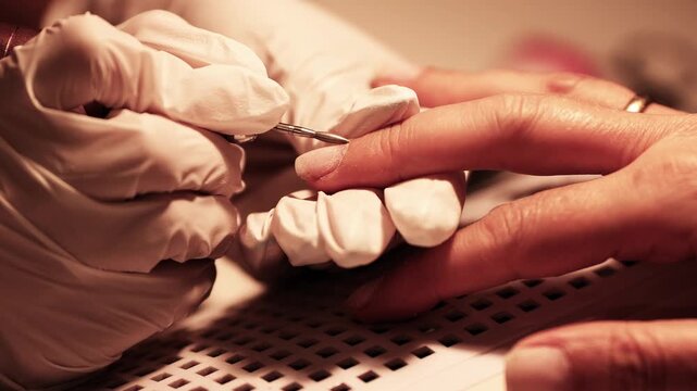 Nail technician preparing fingernails for manicure