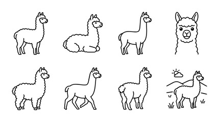 Naklejka premium Set of 8 Alpaca outline icon set animals, UI and web interface design