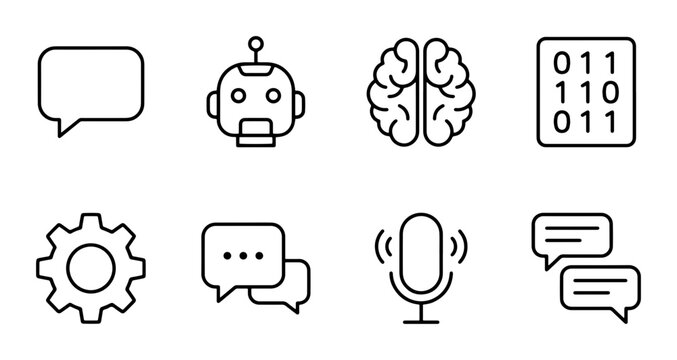 8 AI chatbot linear icon set speech bubble robot brain binary code gear microphone, UI web interface design