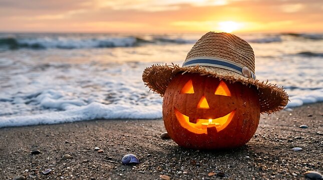A spooky jack o' lantern on the beach a halloween sunset scene with waves and a straw hat capturing the