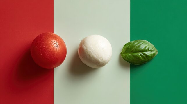 caprese. Three color blocks: red tomato, green basil, and white mozzarella cheese. menu design, packaging mockups, designed for culinary blogs and recipe cards for restaurants.