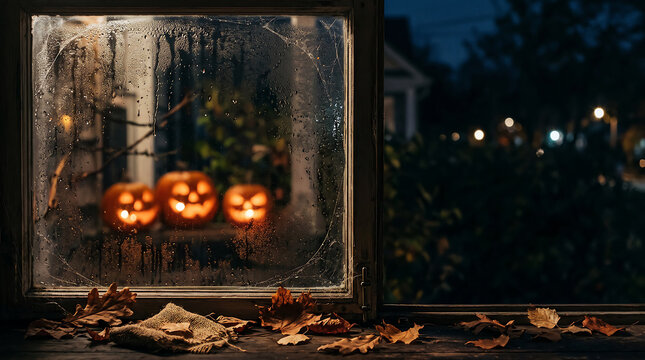 Halloween Jack-o'-lanterns on windowsill with spooky night scene