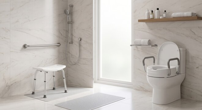 Accessible bathroom design featuring modern assistive devices in clean minimalist home setting