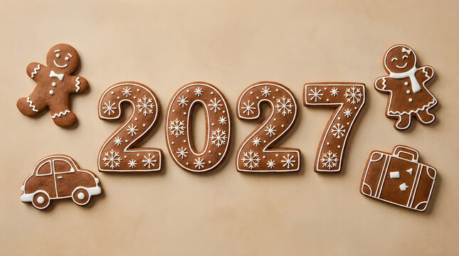 Gingerbread cookies shaped as the year 2027 with festive figures on a plain light brown background