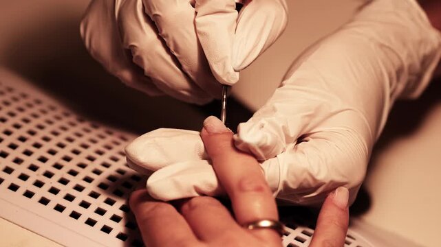 Professional manicurist removing gel polish with electric nail drill