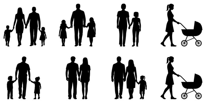 A collection of eight black silhouettes of families, parents with children, and mothers with strollers, isolated on a white background, human figures set