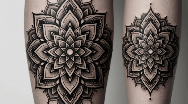 Detailed mandala tattoo on human leg shows geometric patterns. Black ink body art on skin, floral design with shading. Looks like sacred symbol.
