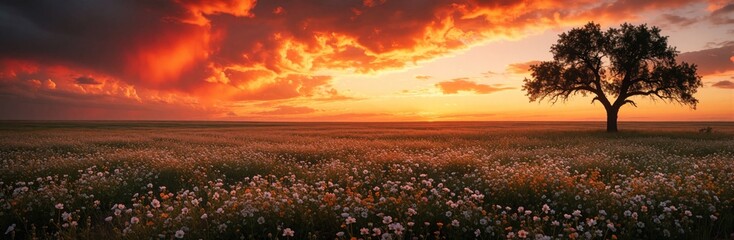 Fototapeta premium Vibrant sunset over a wildflower field. Lone tree on prairie under orange sky with dramatic clouds. Rural landscape with blooming flora and golden hour light.