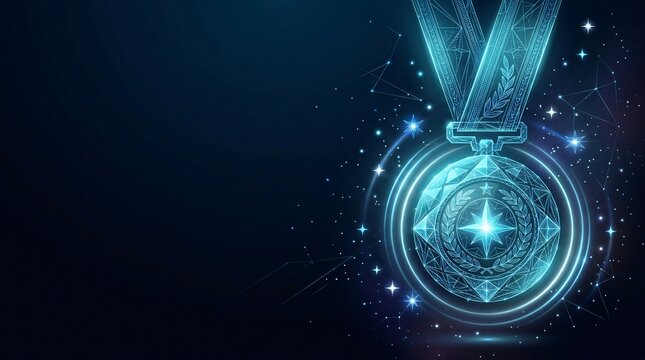 Digital glowing medal icon showing competition success achievement in blue cyber style with achievement graphics technology abstract illustration competition