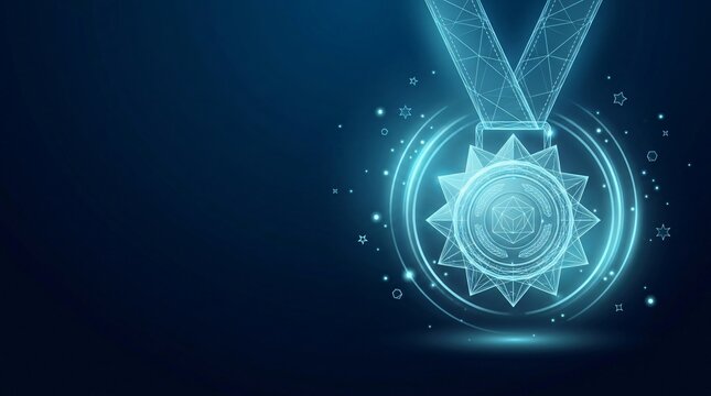 Glowing abstract digital wireframe achievement award medal illustration with achievement competition wireframe hologram abstract technology particles futuristic