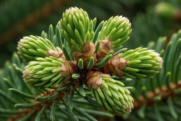 Obraz premium New green spruce buds emerge from brown cones on a pine tree branch. Tiny needles grow in clusters, showing spring growth and fresh nature awakening in a forest.