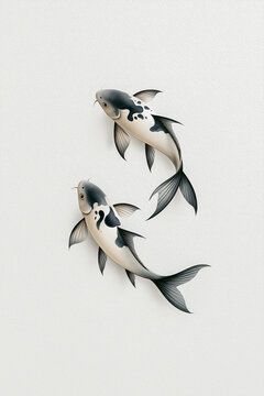 Two Koi Fish in Harmony Two elegantly depicted koi fish, one in front of the other, swim with their tails flowing. The fish have white and black markings, and their fins are a muted gray.