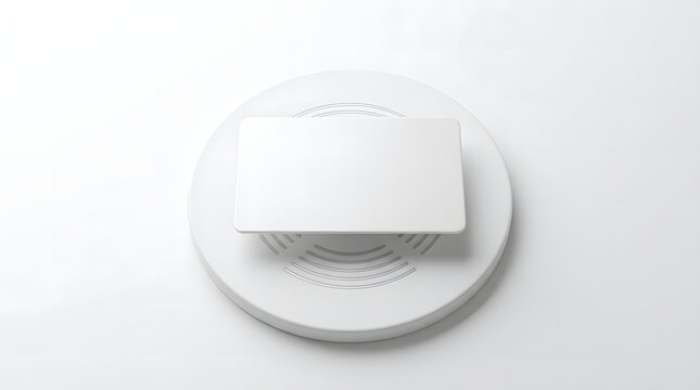 A high quality studio shot of a white floating nfc contactless card hovering above a clean circular base surface