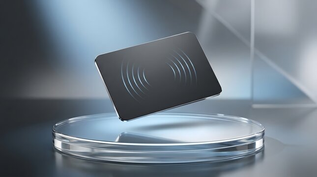 A high quality 3d render of a floating nfc contactless card displayed on a modern glass pedestal for financial technology
