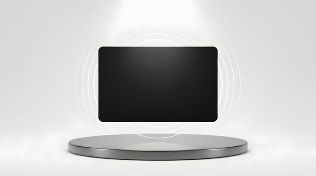 A sleek black floating nfc contactless card hovering above a modern circular platform in a bright minimalist studio setting