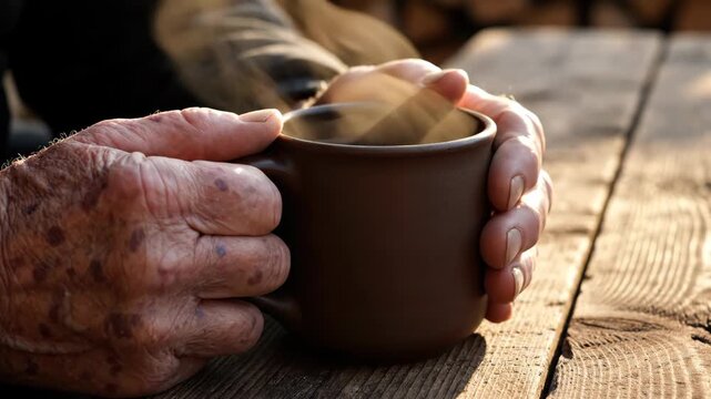 Hands holding hot steaming brown mug on rustic wooden table with warm sunlight creating a cozy atmosphere, close-up view capturing details of aged and younger hands