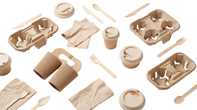 Eco-friendly disposable food packaging set, biodegradable kraft paper coffee cups and wooden cutlery, sustainable takeout containers isolated PNG with Transparent Background
