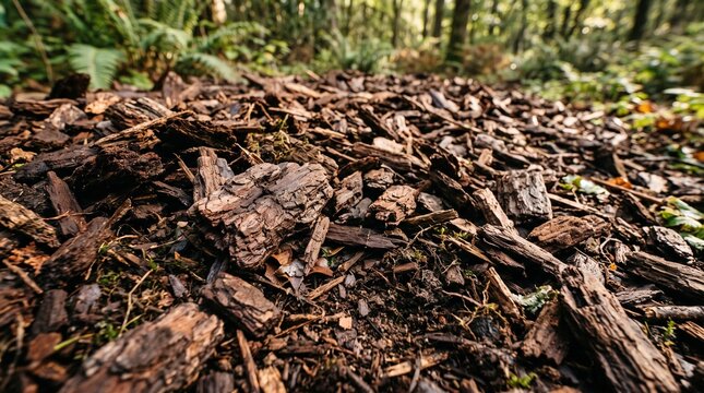 Close up view of a large pile of natural dark brown wood bark mulch chips scattered on a damp forest floor for landscaping