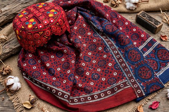 Traditional Sindhi Ajrak Shawl with Sindhi Topi Cap Pakistan Culture