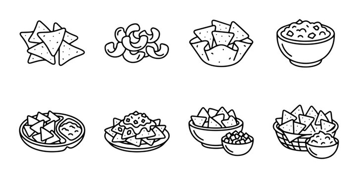 8 Snack Food linear icon set tortilla chips, cashews, dips, guacamole, salsa, nachos, bowls, baskets, UI and web interface design