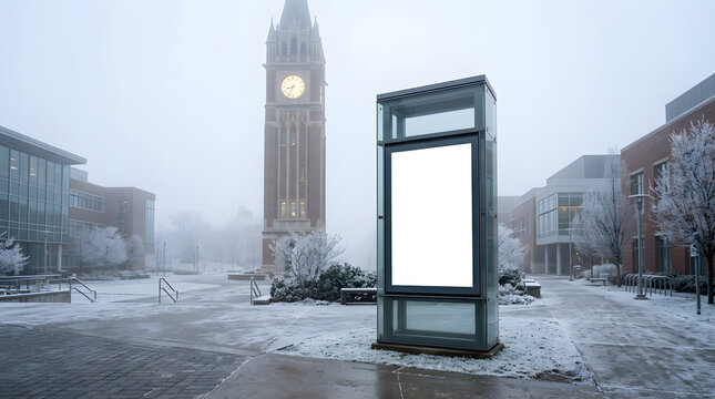 Blank vertical billboard mockup on a snowy campus with clock tower in winter fog