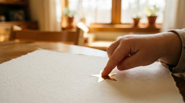 Hand placing gold star sticker on paper reward at home
