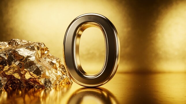 Shiny metallic zero numeral rests beside gold nugget cluster on reflective golden surface. Number symbolizes beginning, start, nothingness, or zero score in abstract composition.