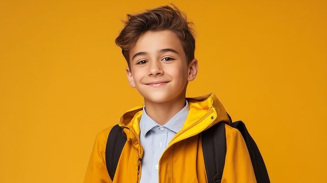 Smiling boy in yellow hooded jacket with backpack against yellow background
