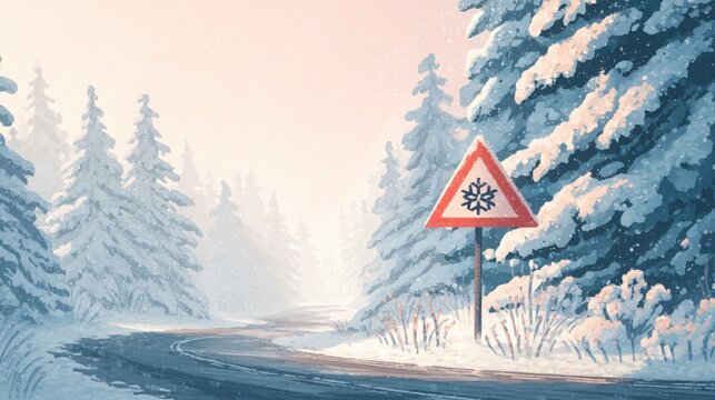 Snowy road with winter tree and icy road warning sign