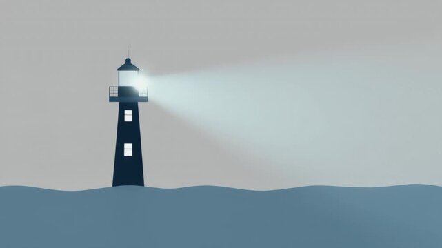 Minimalist Illustration of a Tall Lighthouse Casting a Bright Beam of Light Over the Calm Sea at Night for Guidance and Hope