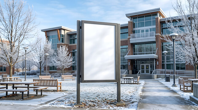 Blank vertical billboard mockup on a snowy college campus in winter