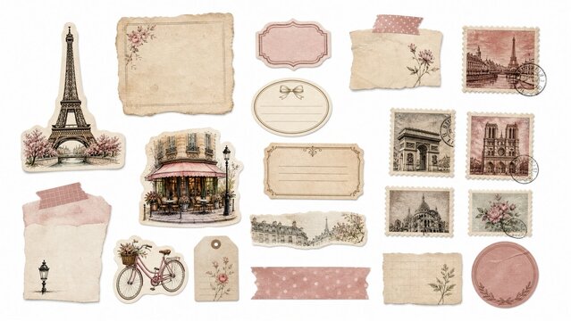 Vintage Paris travel scrapbook elements with Eiffel Tower and postcards flat lay arrangement