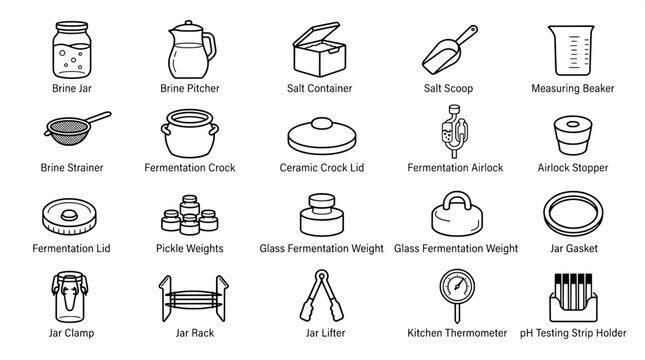 Home fermentation and pickling equipment vector icon set with fermentation pickling equipment thermometer container
