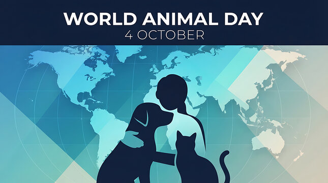 World animal day silhouette of human hugging a dog and cat over world map