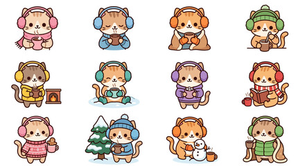 Obraz premium Cozy winter cat characters with earmuffs and hot cocoa.