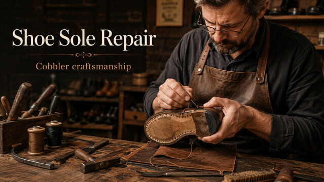 A man is focused on repairing a shoe sole in a cobbler workshop. He uses a needle and thread while surrounded by various tools and materials for shoe repair
