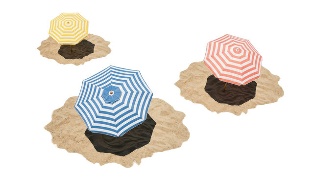 Three striped beach umbrellas stand on... isolated on a transparent background