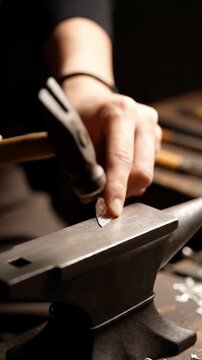 Close-up of a craftsman's hands using a traditional metal hammer to shape a small silver piece on a steel anvil in a dimly lit professional jewelry workshop setting.