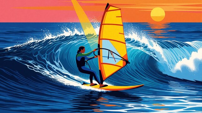 Windsurfer rides ocean wave during sunset. Person sails yellow sail on board. Blue sea water crashes with white foam. Sun sets on horizon with pink sky.