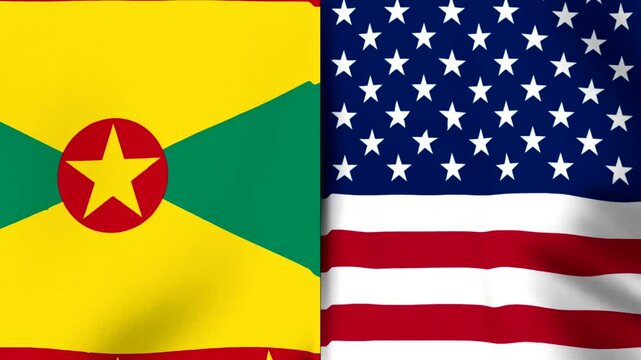Waving flags of Grenada and the United States of America side by side