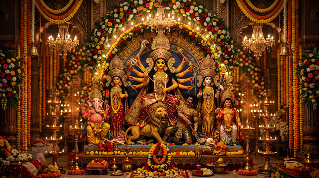 Goddess Durga idol surrounded by festive floral decorations.