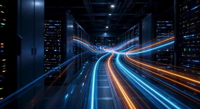 Digital information flow, network and data servers panels in data center or Internet service provider. High speed digital lines 4K stock video.