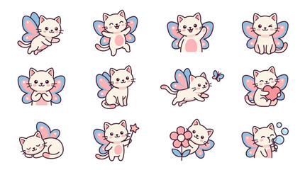 Fototapeta premium Pink fairy cat stickers with wings and magic wands.