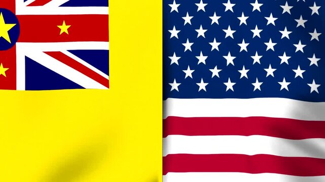Waving flags of Niue and the United States side by side showing diplomatic international relations and partnership