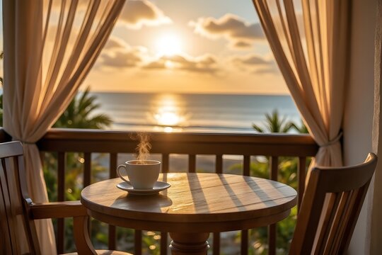 Eleganter Balkon mit Meerblick bei Sonnenuntergang schafft eine romantische Atmosph&auml;re voller Sehnsucht