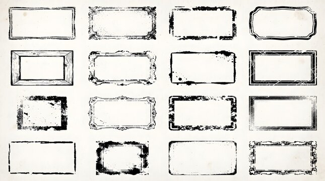 Collection of assorted vintage rubber stamp frame borders on textured paper