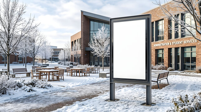 Blank vertical billboard mockup on a snowy college campus in winter