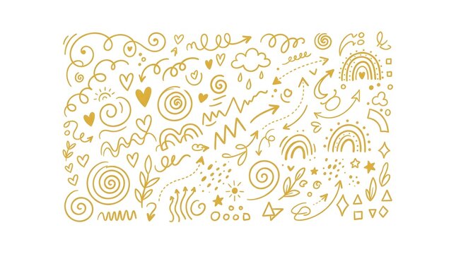 Set of gold hand drawn doodle design elements featuring organic shapes and patterns