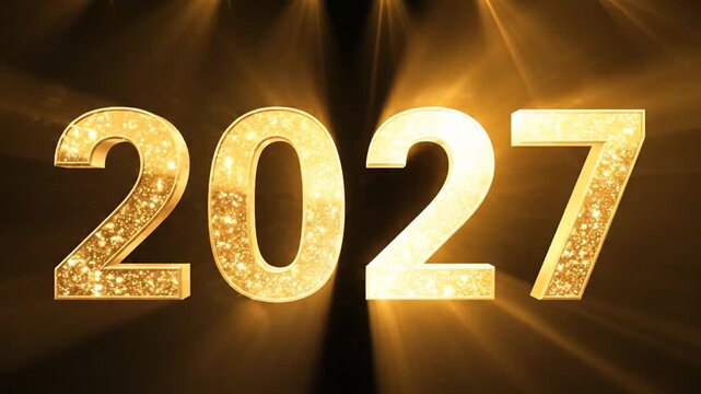 Golden 2027 numbers with sparkling lights on black background